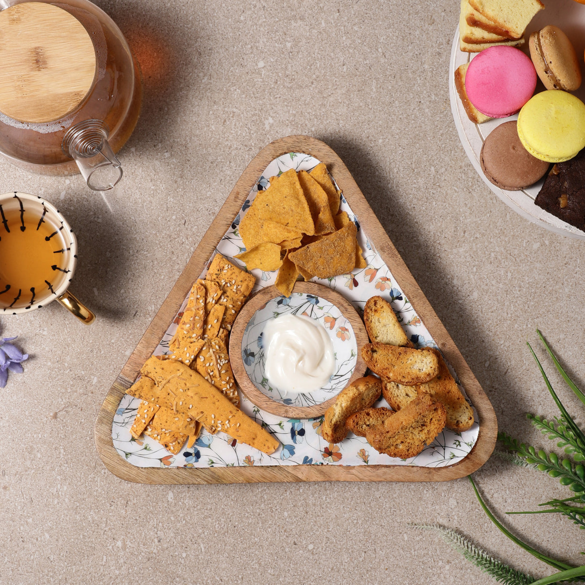 Wooden Triangular Dip bowl Platter (Spring Meadow)
