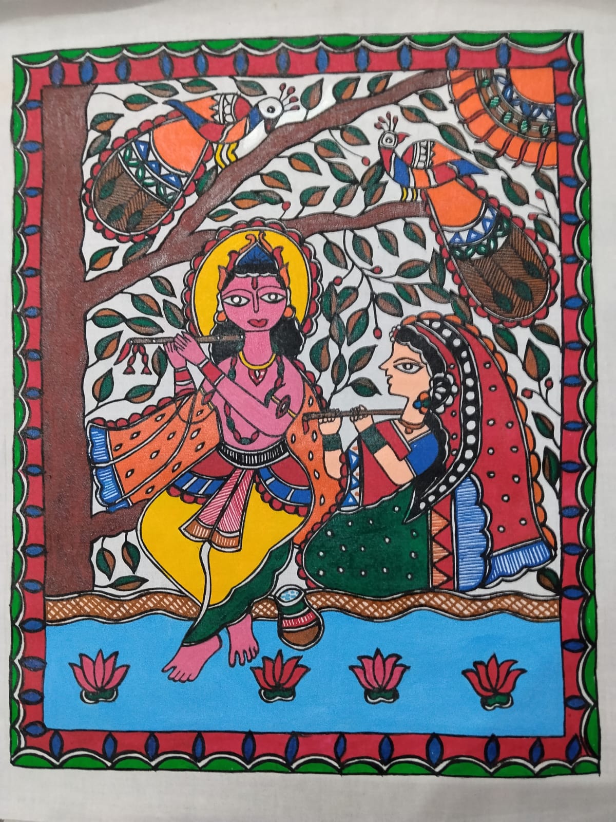 Radha Krishna Under the Tree – Handmade Madhubani Painting