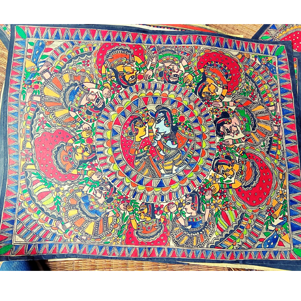 Madhubani painting depicting Radha Krishna