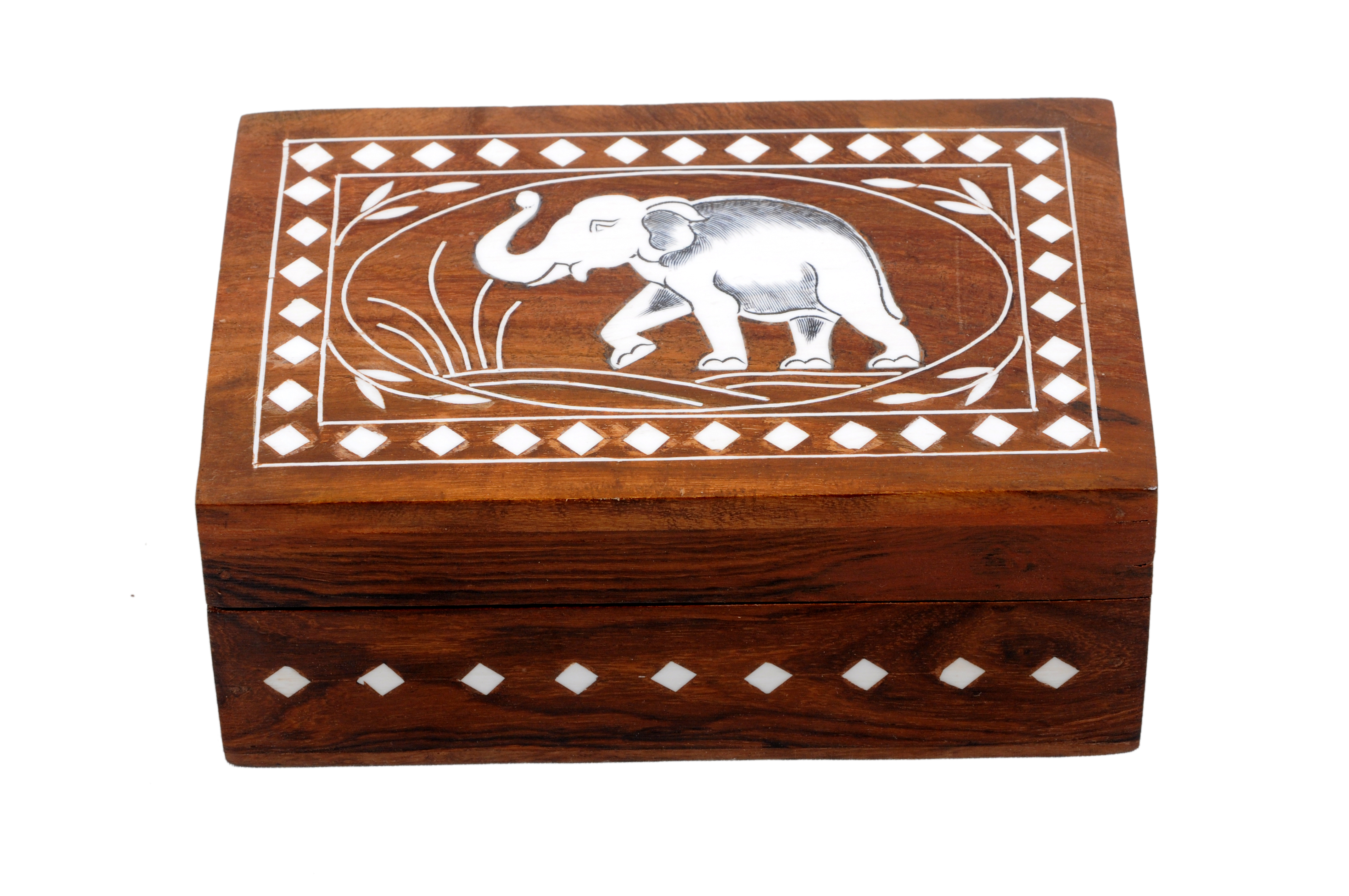 Vintage Unique Hand Carved Elephant Rosewood Jewelry Box With Brass Inlay