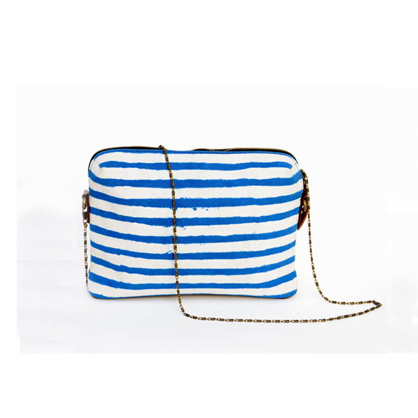 Kirgiti's Leather and Dabu Canvas Indigo Stripes Travel Sling cum