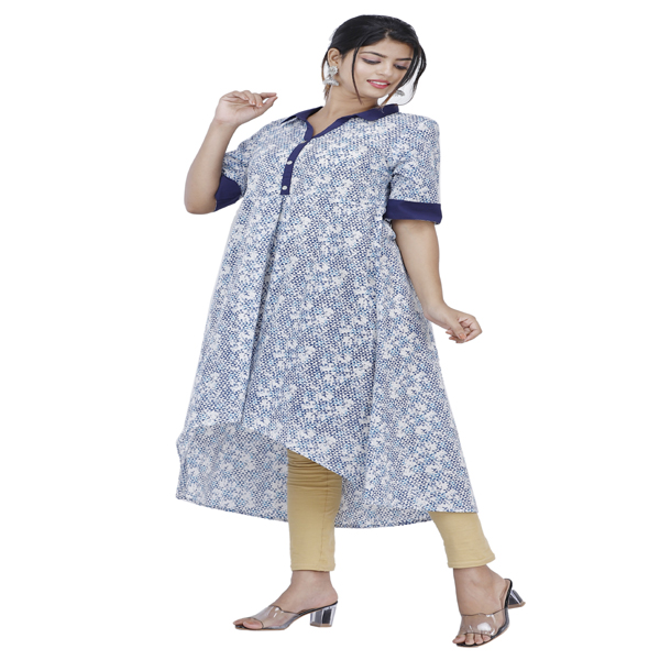 Maya Women Cotton Kurti Cotton Shirt Collar Button Western Bottom White u0026  Blue - directcreate.com