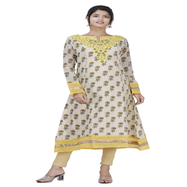 Maya Women Kurti Chanderi Ethnic Wear A-Line Kurta Beige Multi